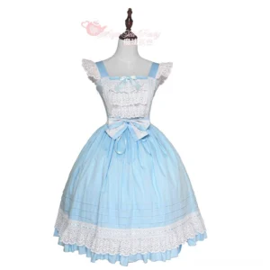 Sky blue Lolita JSK dress with layered white lace bodice ruffled cap sleeves large waist bowknot soft full A-line skirt lace-trimmed hem sweet Lolita style