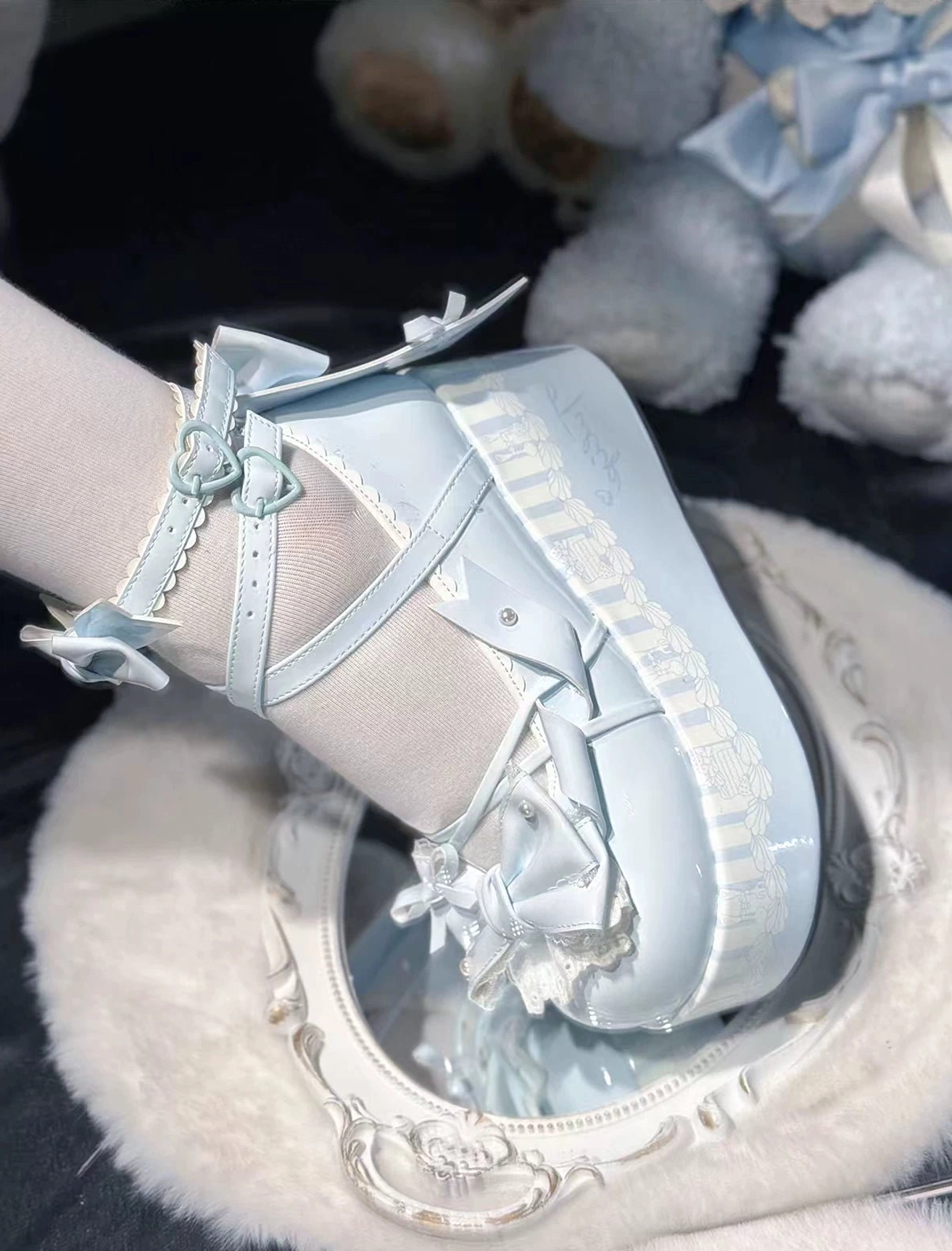 Sky blue sweet lolita platform Mary Jane shoes featuring pastel color, decorative bows and lace trims, round toe design, comfortable thick wedge sole platform heel