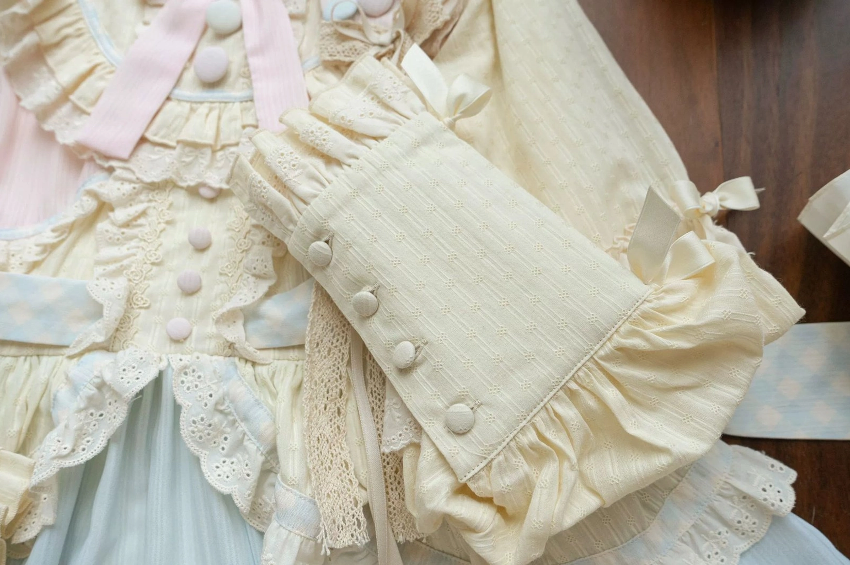 Bodice and yoke construction detail of sleep macaron lolita dress showing structural design high waistline shaping