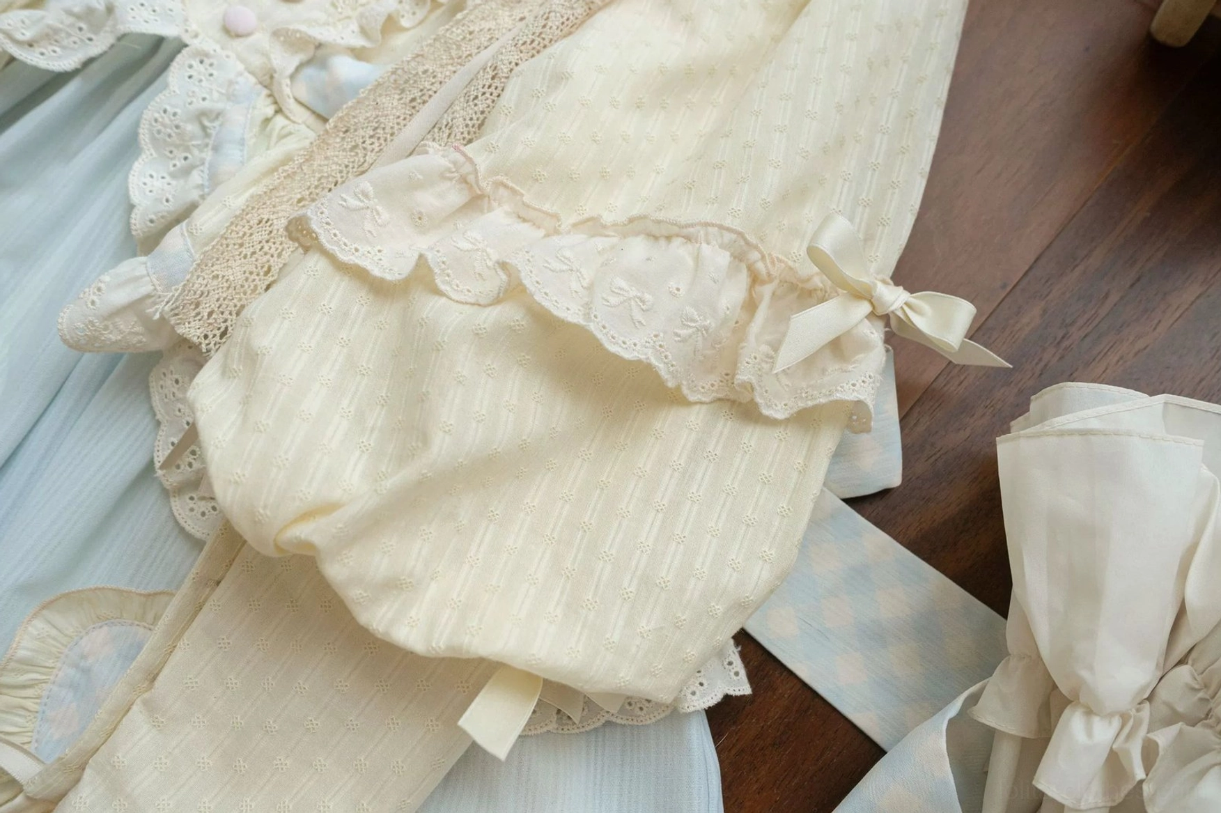 Color-block design composition of sweet lolita OP dress cream yellow light blue and blush pink color placement