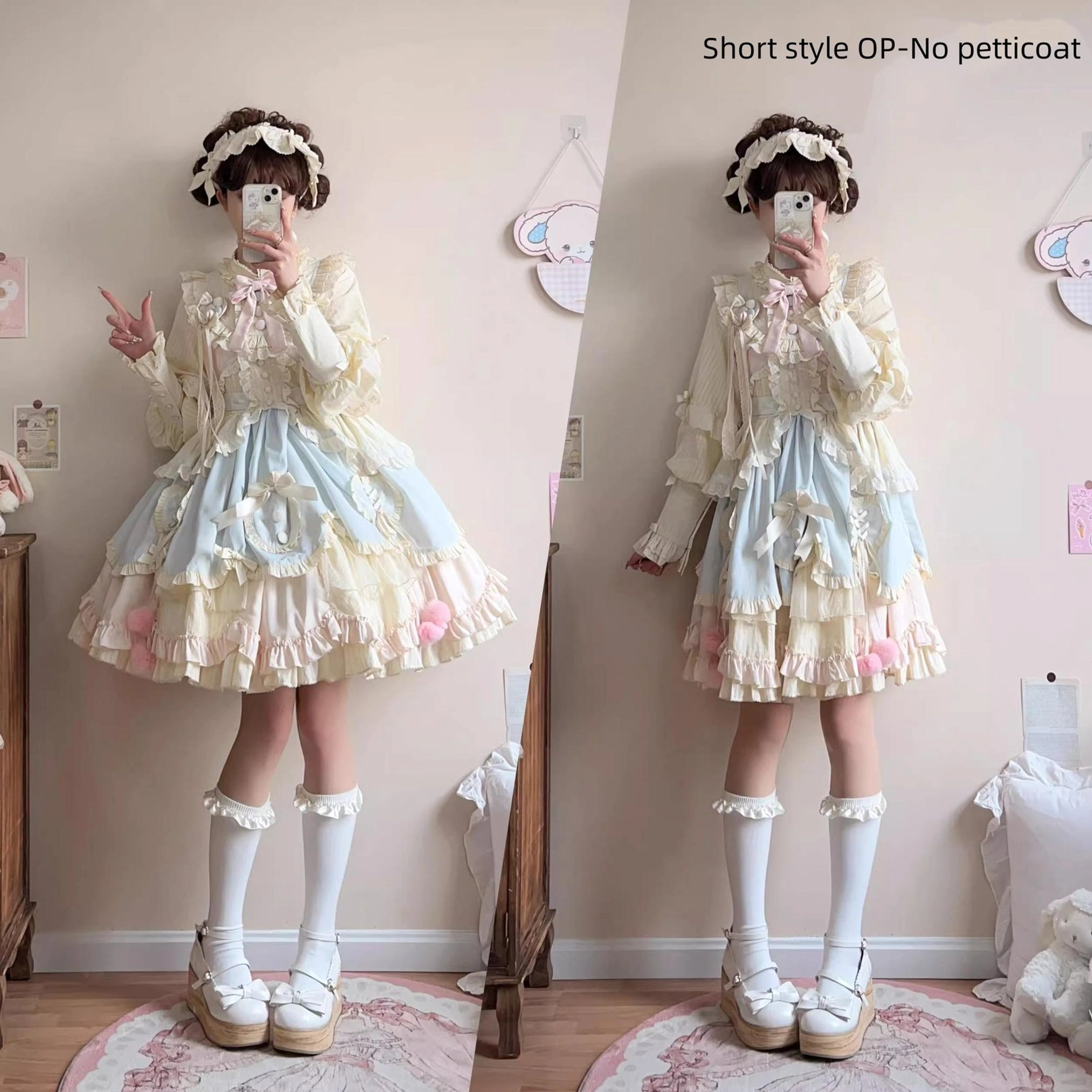 Accessory detail for sleep macaron lolita dress showing pink detachable bow tie neckline embellishment decoration