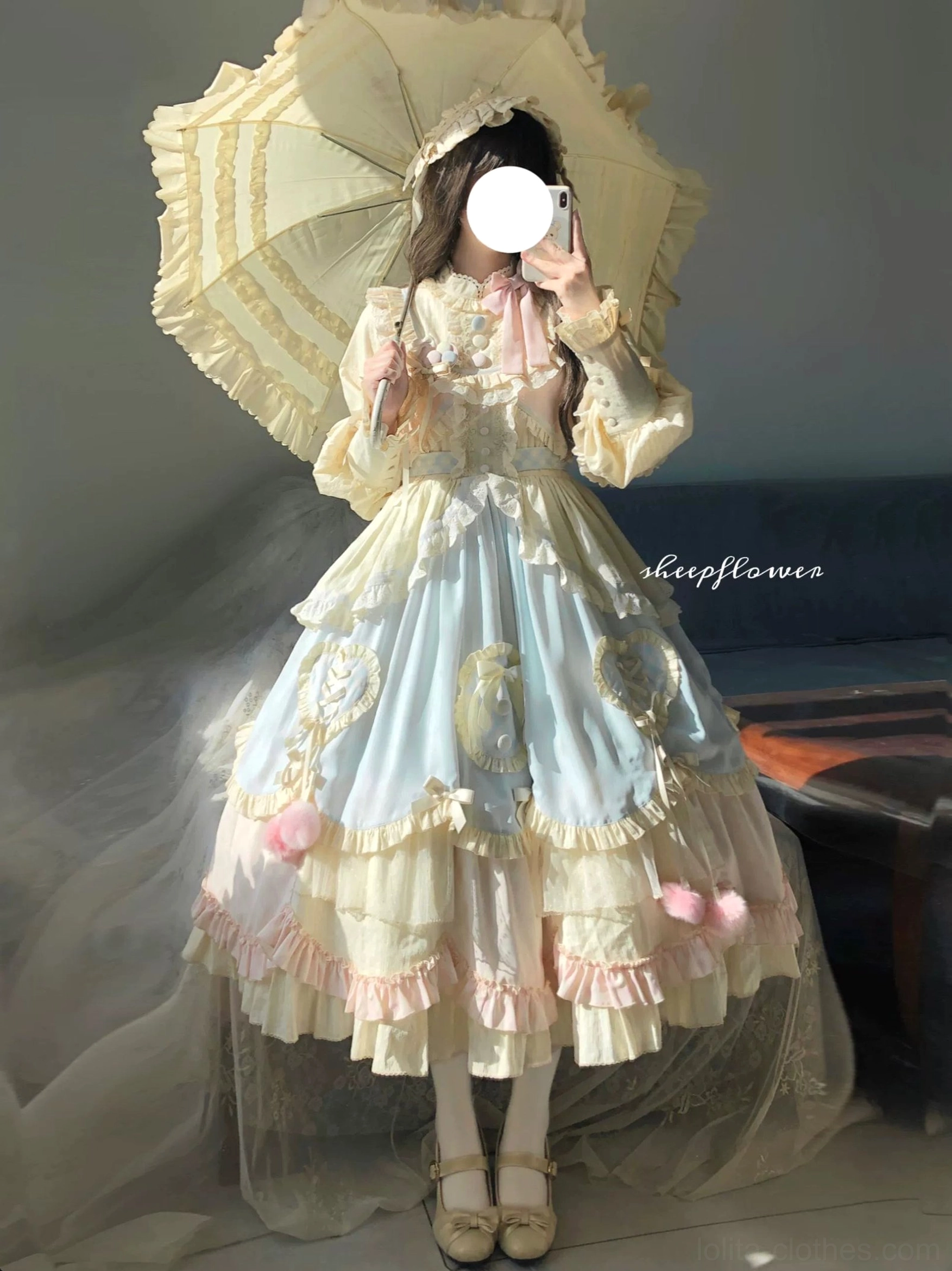 Front selfie view of sweet lolita OP dress with lace parasol matching color-blocked design lace-trimmed long sleeves ruffled skirt hem classic leather Mary Jane shoes