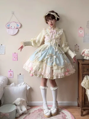 Full-body front standing view of sweet lolita OP dress featuring lace-trimmed long puff sleeves pink bow neck accessory white knee-high platform socks and loafers bedroom styling