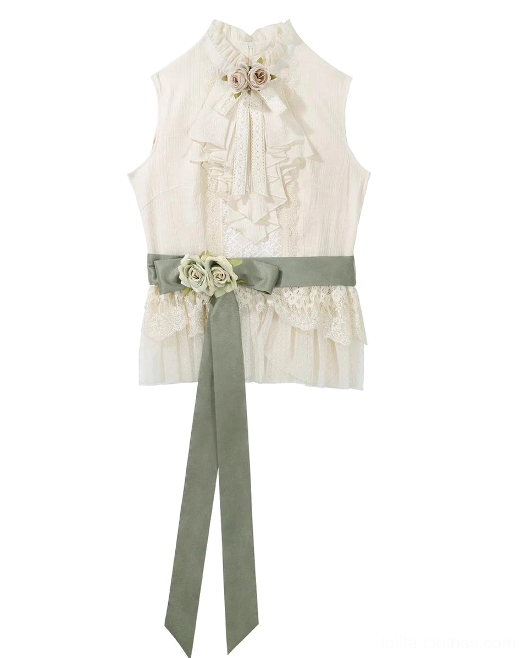 Sleeveless cream textured crepe blouse with layered ruffles, rose flower brooch, and detachable sage green waist tie with flower decorations flat lay front view