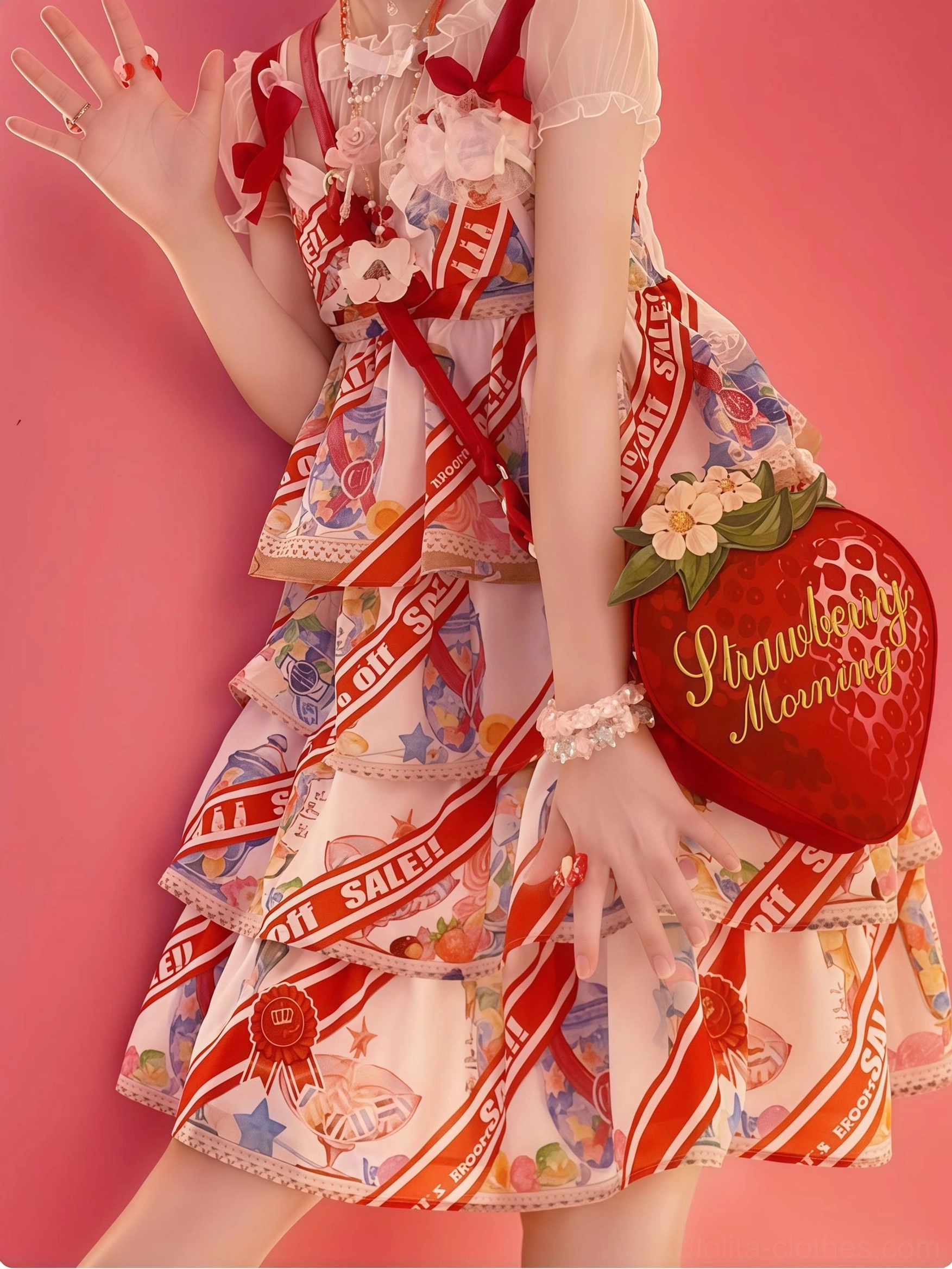 Small strawberry lolita crossbody bag worn half-body with layered red ribbon print sweet lolita dress pink background
