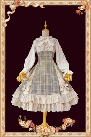 Front full-body view of smoke grey tartan plaid classic lolita JSK dress with long-sleeve blouse, double-layer ruffled hem, ribbon crossover chest strap, and decorative bows on vintage floral dark red backdrop