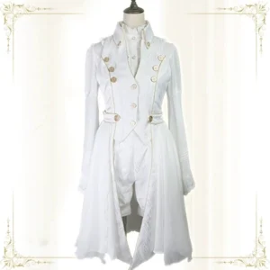 White Ouji Lolita sleeveless coat front full-body display with vintage stand collar, high-low asymmetrical hem, and embossed metal buttons on dress mannequin with golden decorative frame backdrop