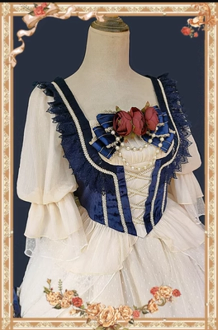 Snow White Lolita blouse top separable piece close-up front view showing navy corset with ribbon lacing and delicate lace neckline with ruffled half sleeves on dark background