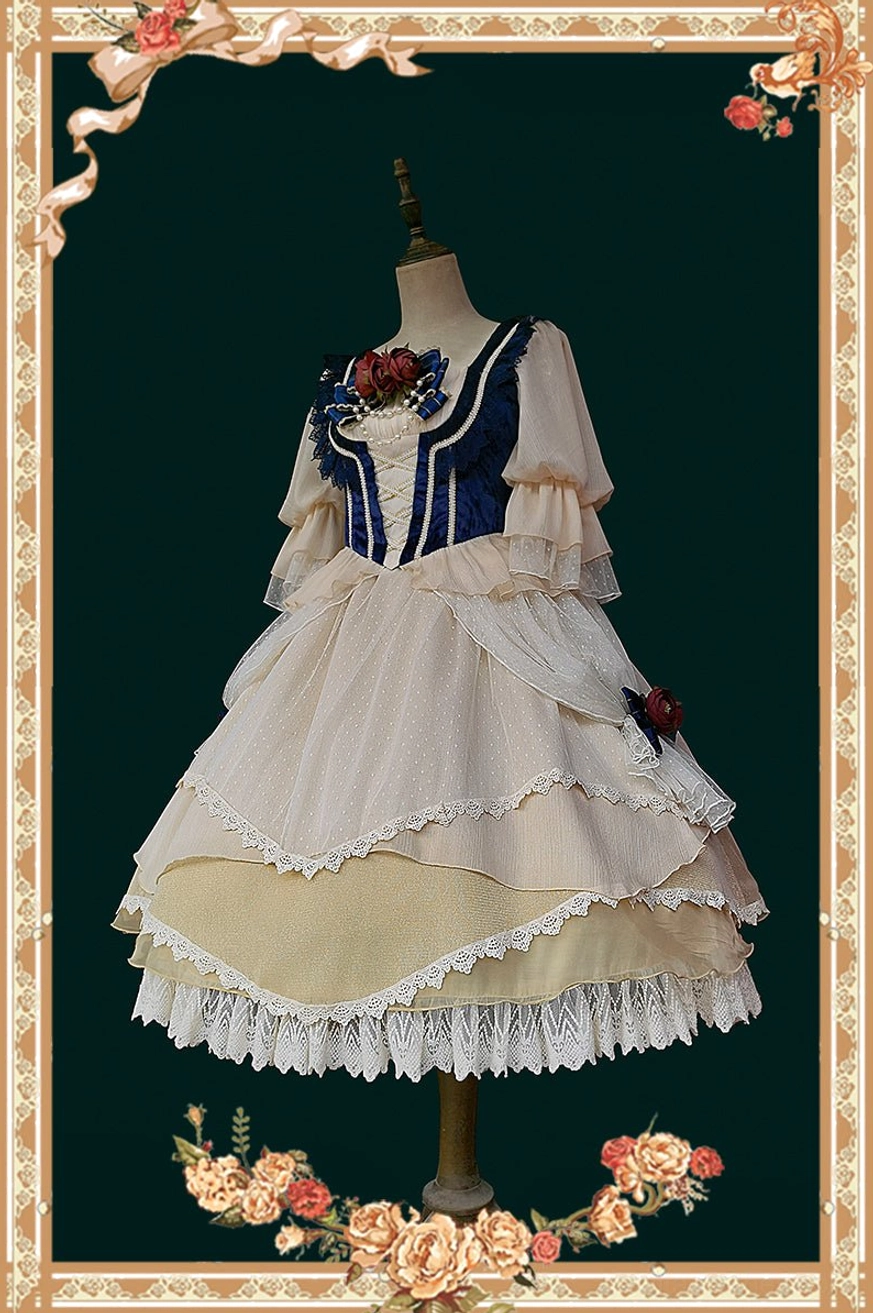 Snow White Lolita OP dress with ribbon lace-up front corset and tiered lace skirt featuring side flower accents, displayed on mannequin against dark green vintage frame background