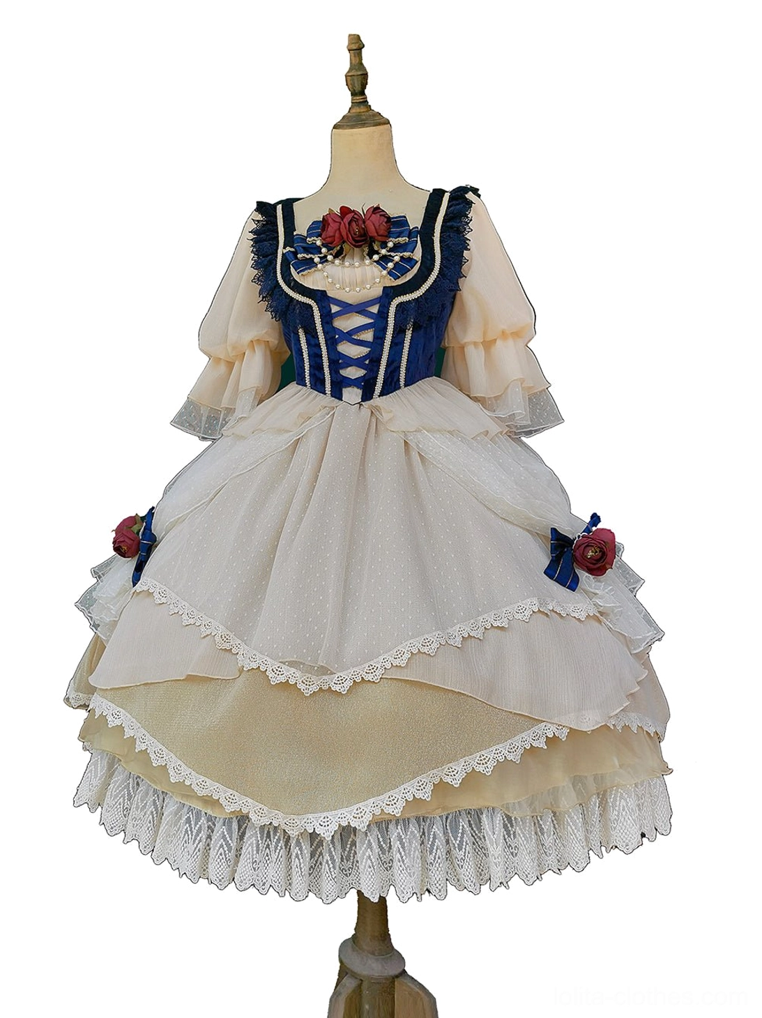 Snow White Lolita OP dress three-quarter front view on mannequin showing dress silhouette, side flower decorations on skirt, and detailed corset front with floral centerpiece on plain background
