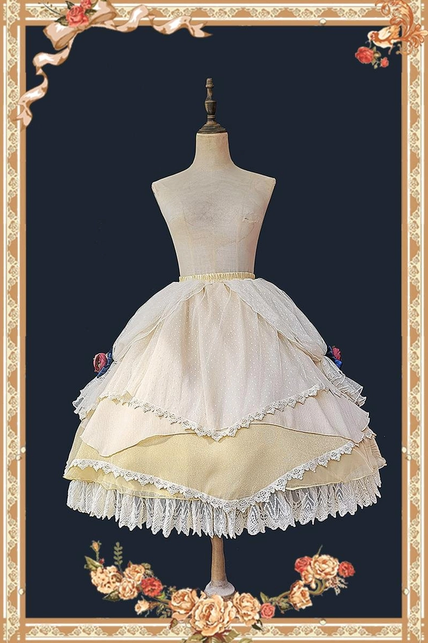 Snow White Lolita skirt separable piece displayed on back view mannequin showing tiered ruffled lace skirt with classic Lolita silhouette against dark green vintage frame background
