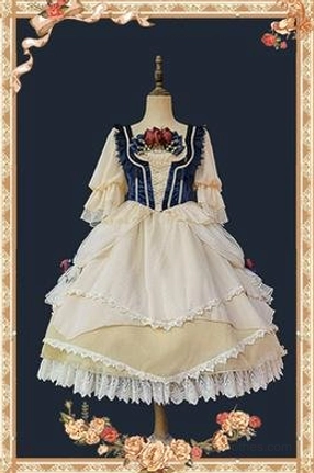 Snow White Lolita suit with apricot chest ribbon displayed showing complete coordinate styling option in navy and cream with apricot accent trim for authentic Lolita ensemble
