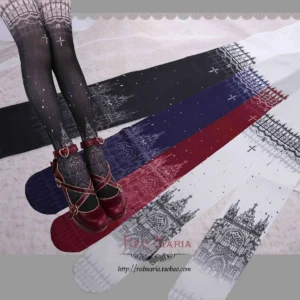 snowy-night-church-gothic-lolita-over-knee-tights-multiple-colors-wine-red-white-black-navy-blue-flat-lay-display-with-burgundy-mary-jane-shoes-lace-cuff-cross-print-detail