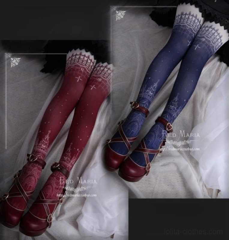 snowy-night-church-gothic-lolita-over-knee-tights-full-leg-wearing-shot-wine-red-and-navy-blue-color-sets-paired-with-matching-lolita-mary-jane-shoes-gothic-church-and-cross-print-grey-backdrop