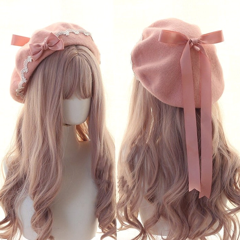 Soft pink lolita beret with wide pink satin bow and delicate lace edge trim front back display