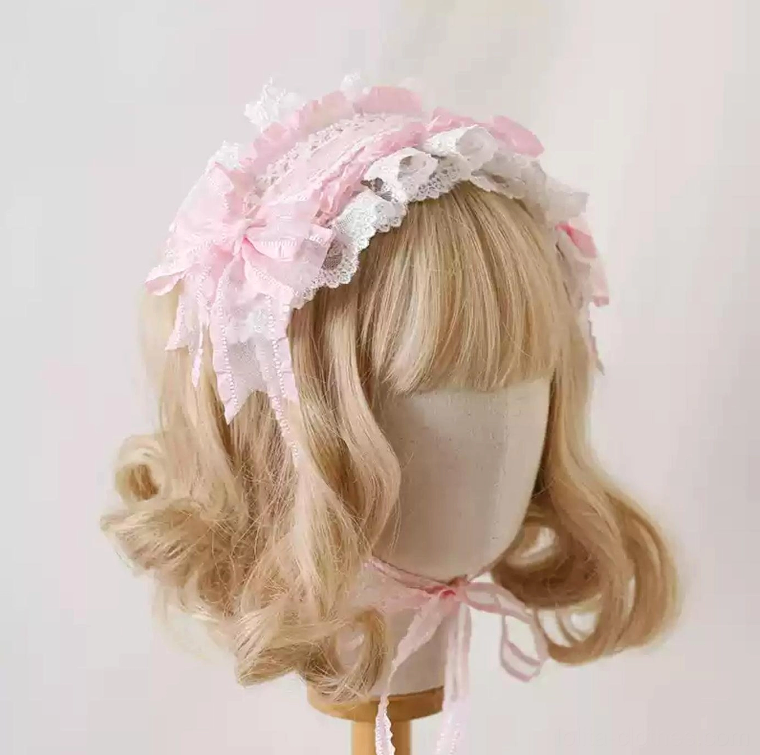 Soft pink lolita lace hair clip headdress with ruffled lace trim, pink mesh big side bow, and matching pink neck ribbon coordinated styling