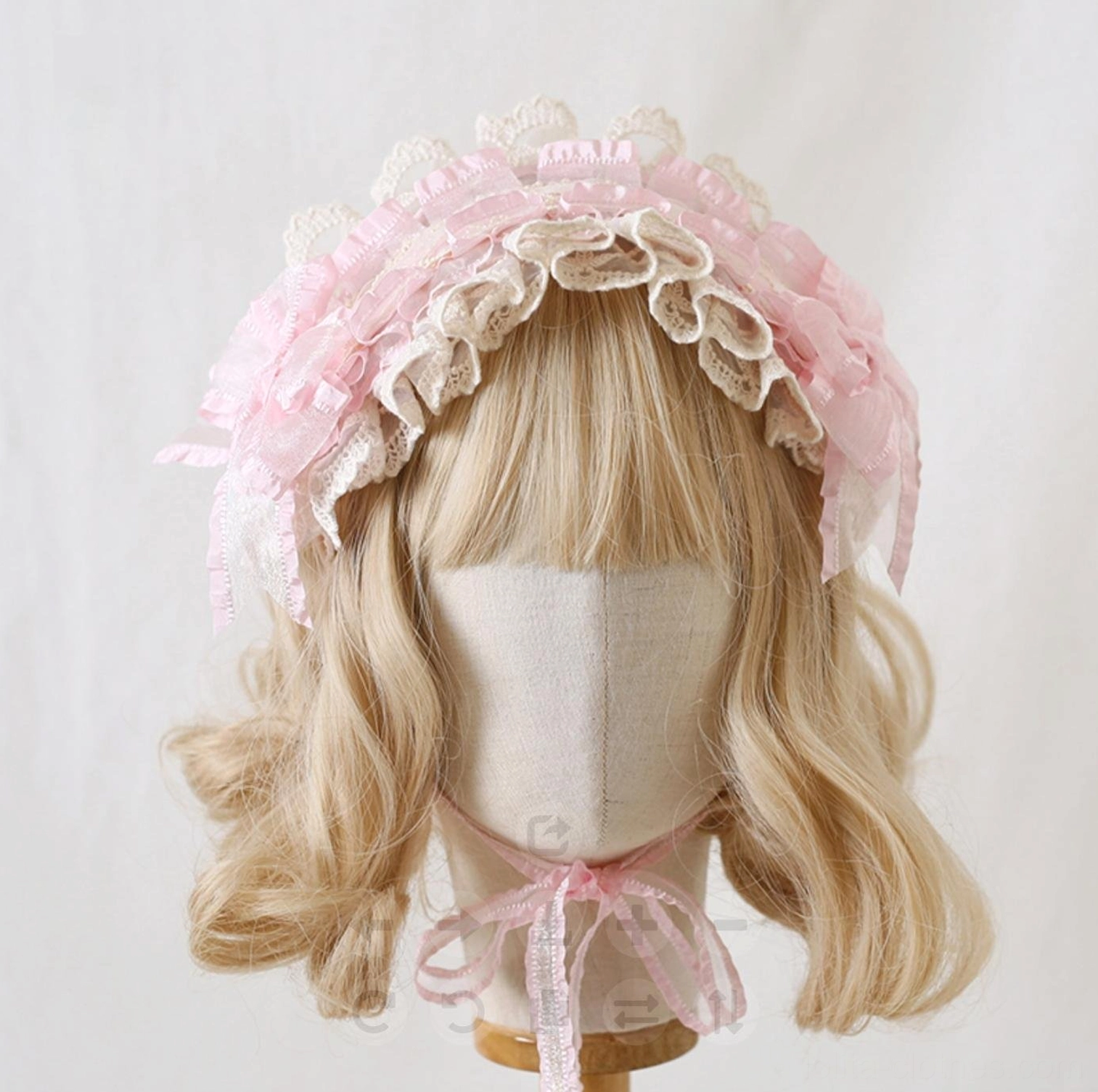 Soft pink lolita lace headdress with double-layer ruffled lace, fluffy side mesh bow, and matching pink neck tie for complete coordinate look