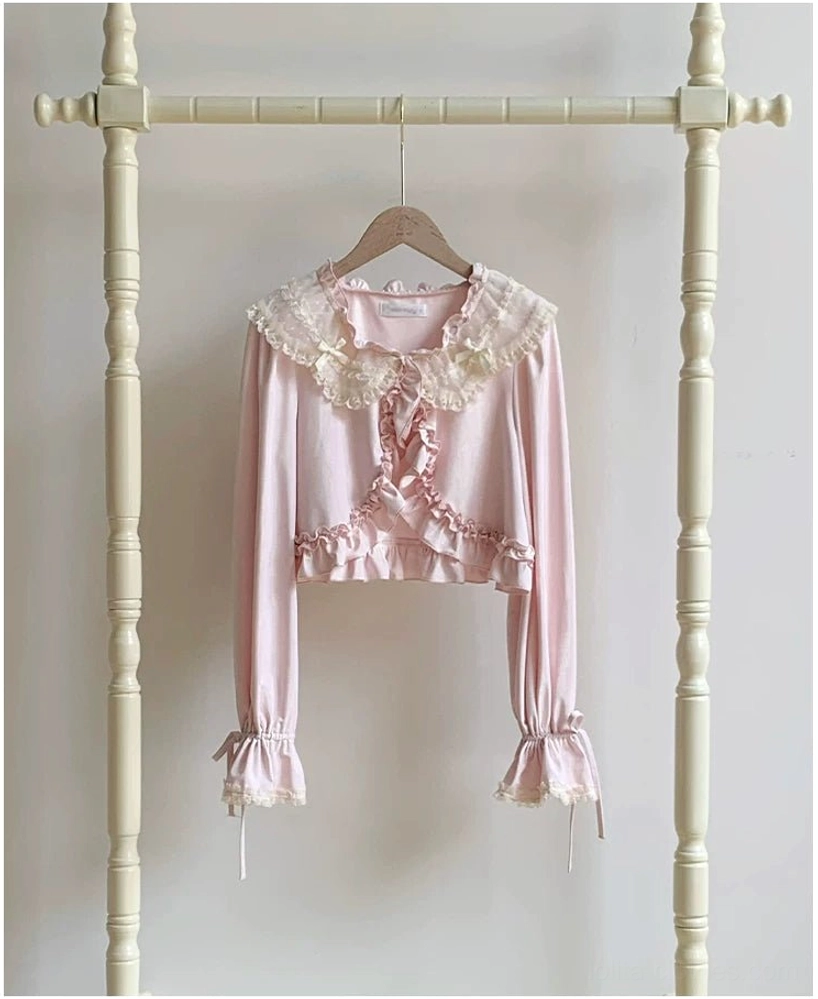 Soft pink sweet lolita bolero cropped cardigan flat product display peter pan lace collar ruffled placket flared bow cuffs lolita fashion piece