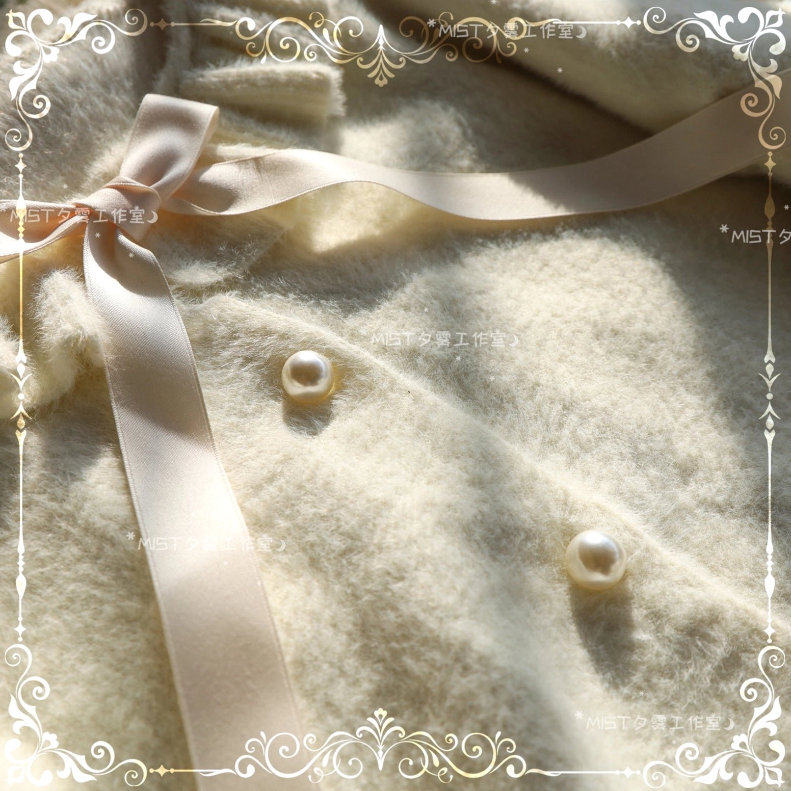 Soft plush fleece fabric close-up detail sweet lolita cardigan satin ribbon bow pearl embellishments vintage decorative frame flat lay