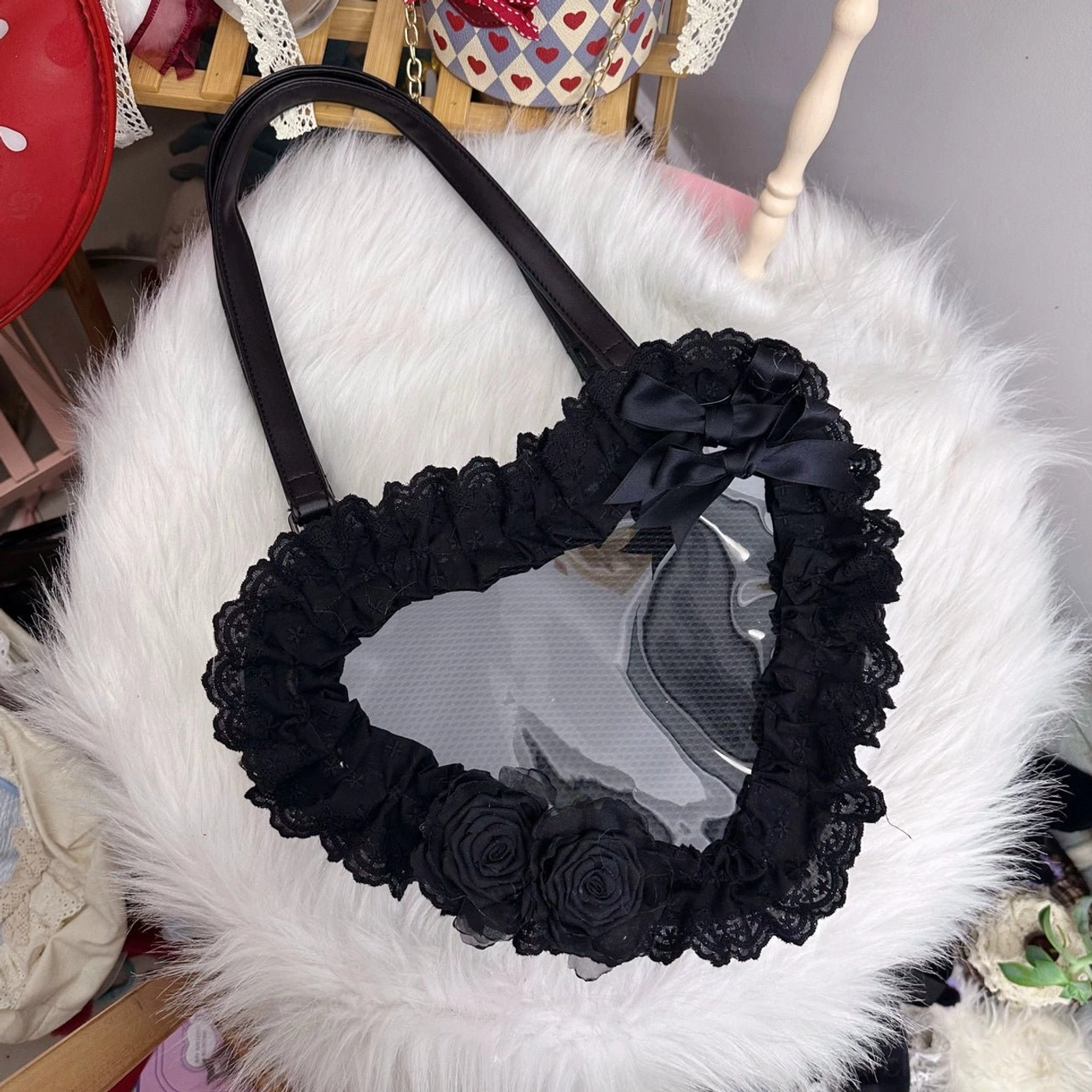 solid black heart-shaped lace lolita handbag classic gothic sweet versatile coordinate option