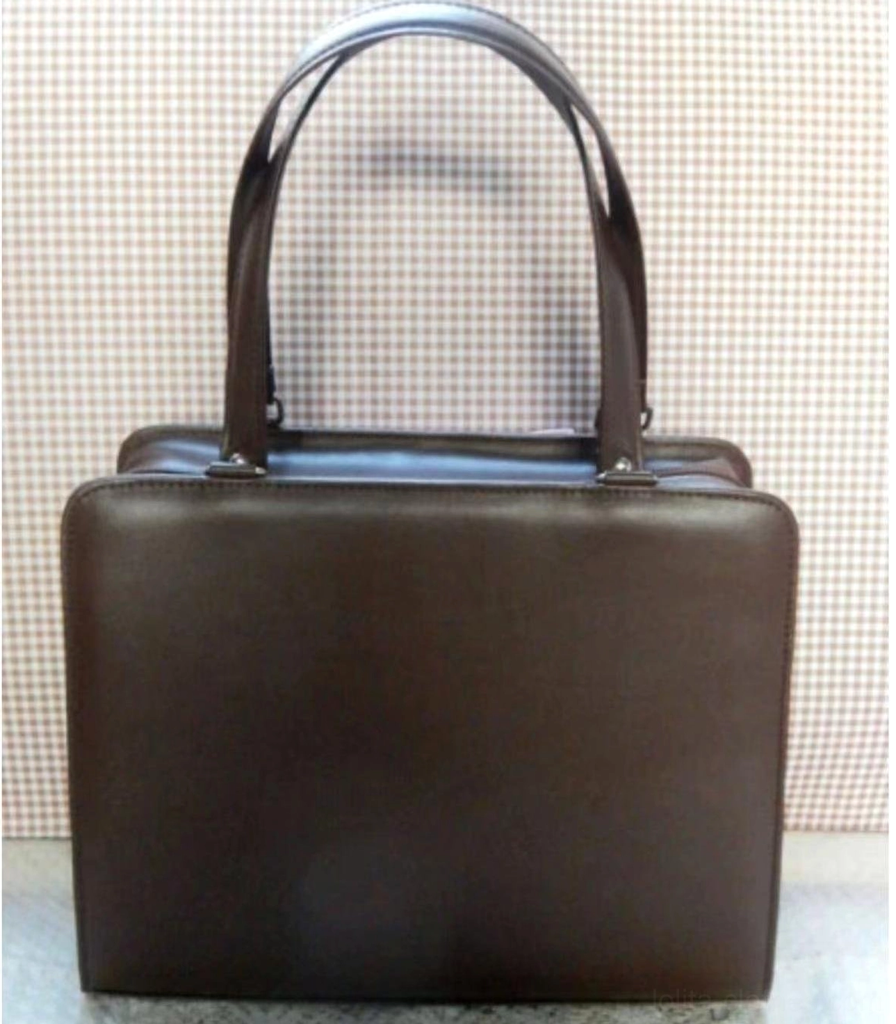 Solid dark brown minimalist Lolita PU handbag with square structured silhouette and top handles