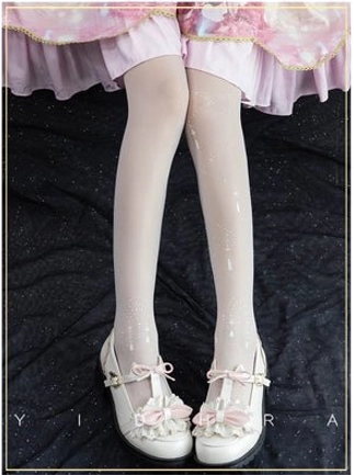 solid off-white plain lolita pantyhose tights sheer seamless texture paired with pink bow mary jane shoes and pink ruffled lolita skirt front view
