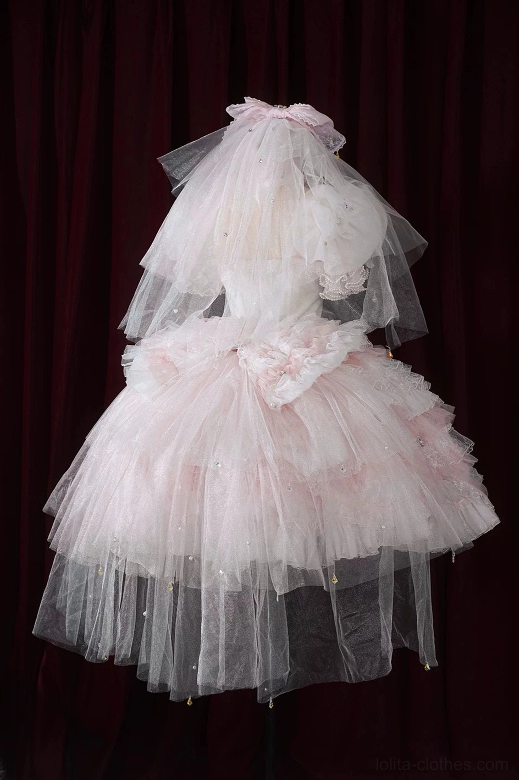 Solid pink sweet Lolita bridal veil headdress set with bow short veil beaded hem front full-body view