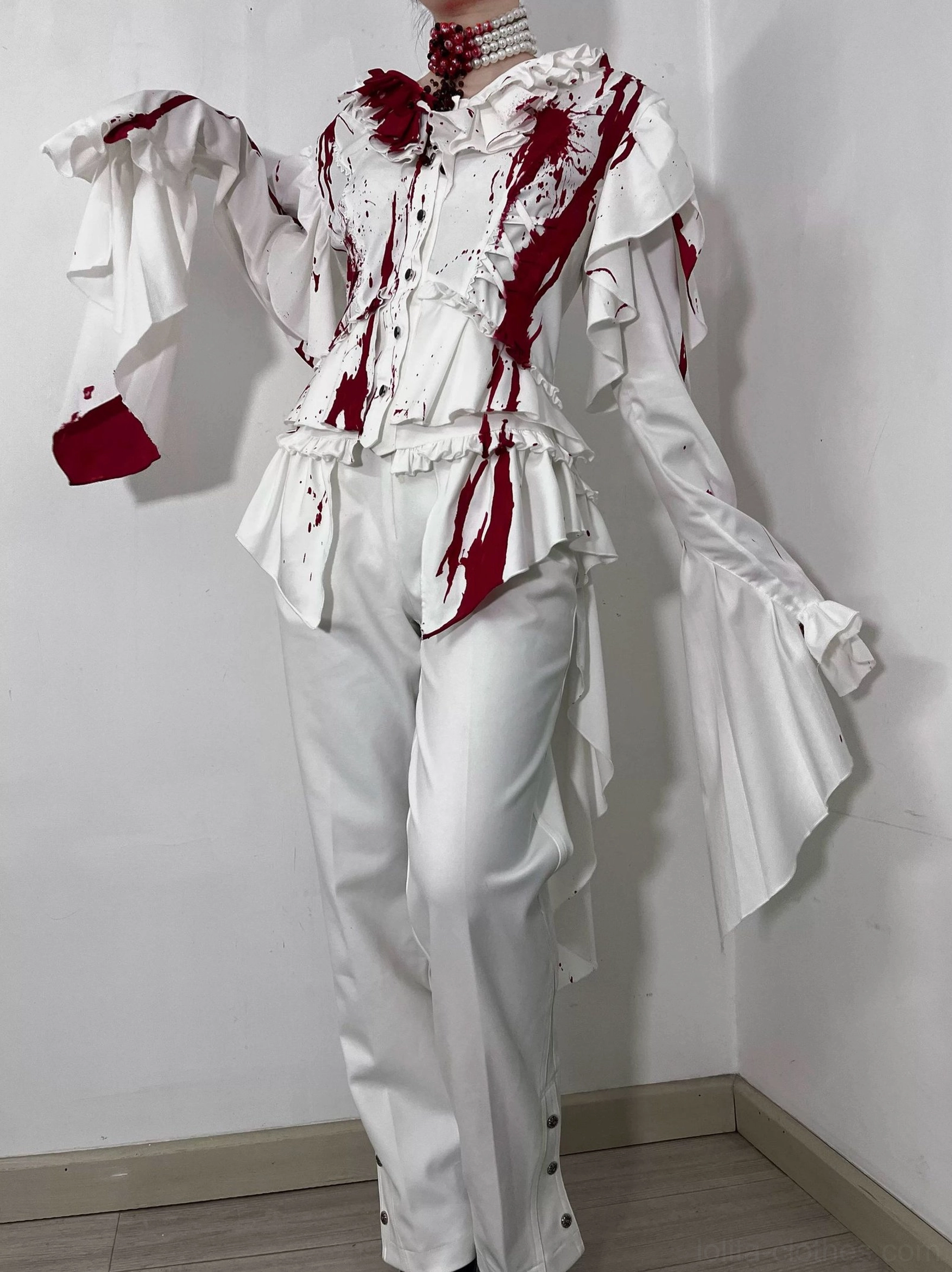 DIY customization showcase for solid white Ouji lolita blouse, demonstrating creative potential for personal artistic stain pattern application and customization