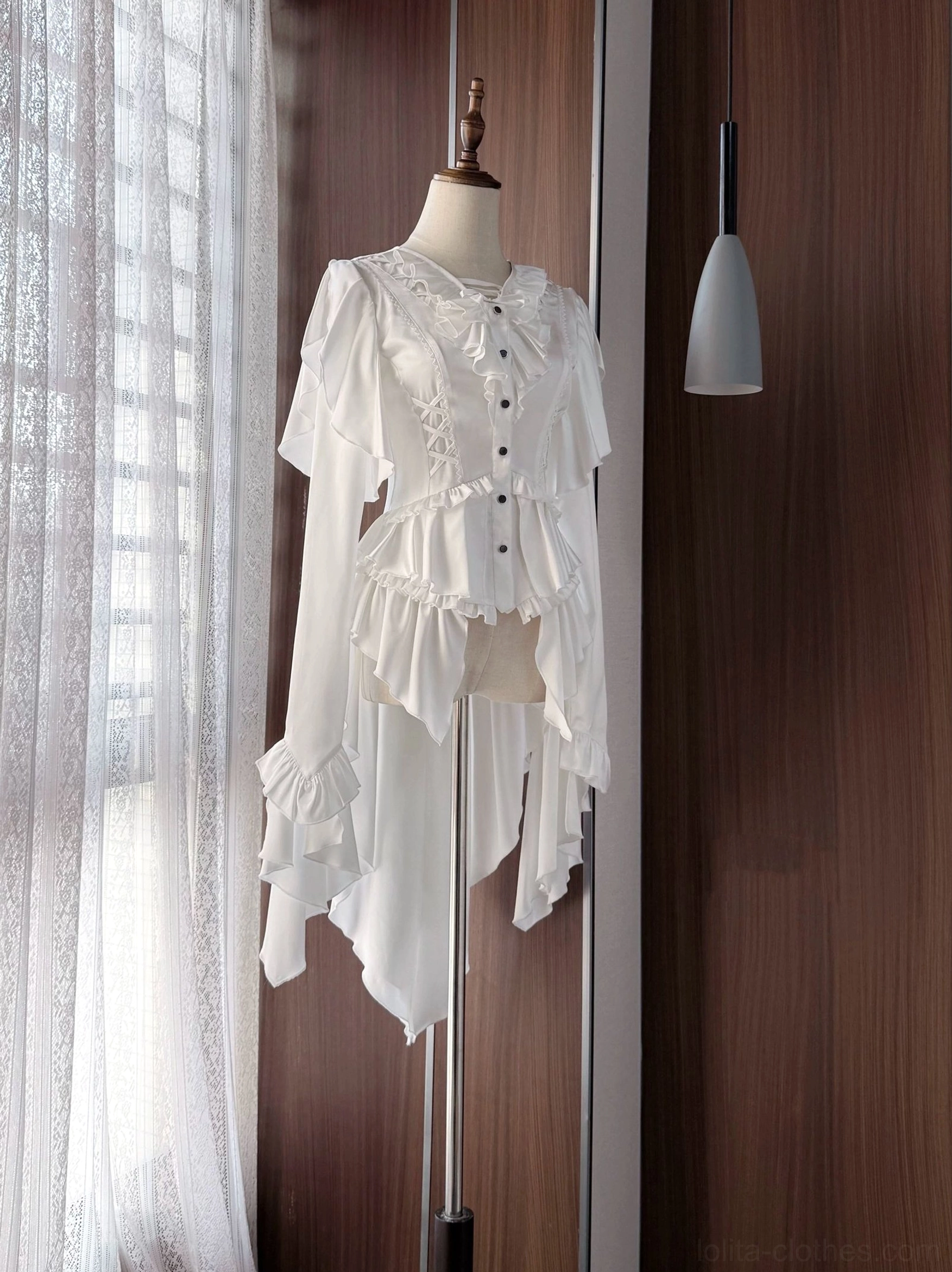 Solid white Ouji lolita trailing blouse with dual-tier ruffled collar and lace trim shown in three-quarter view on mannequin, featuring delicate Victorian-inspired design and long flowing silhouette