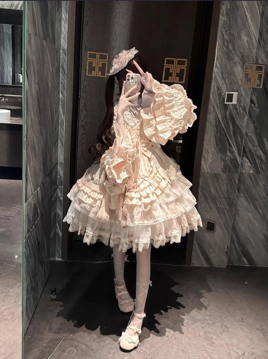 Black solo puppet sweet lolita OP dress full-length standing pose indoor studio setting classic black and white color scheme lace ruffles A-line silhouette complete coordinate