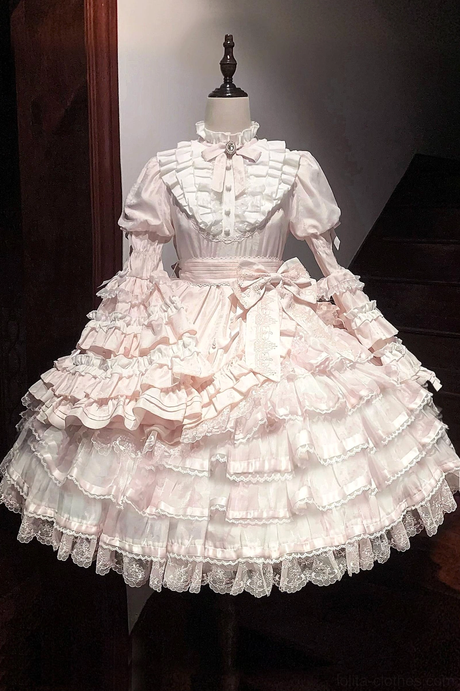 Blue solo puppet sweet lolita OP dress modeled with matching top hat themed coordinate theater puppet aesthetic complete ensemble