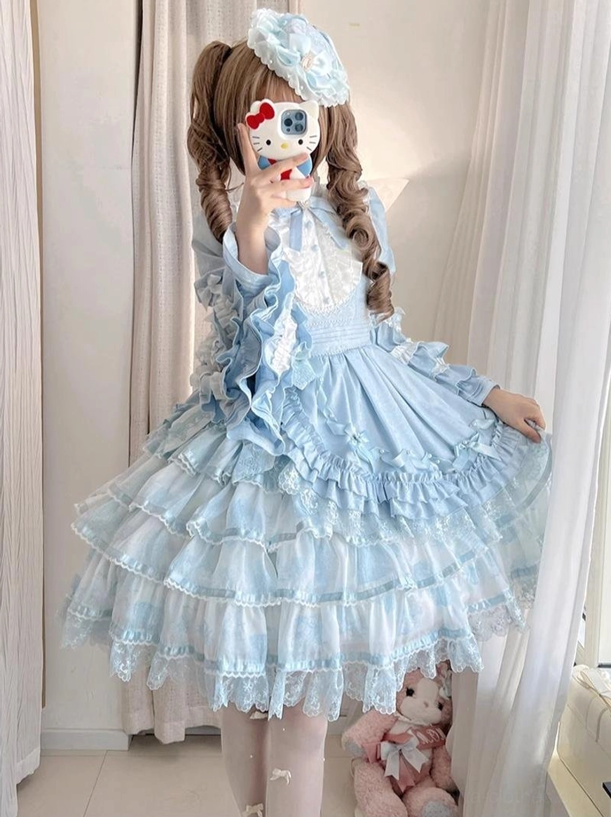 Sky blue sweet lolita OP dress front mirror selfie view indoor room curly twin hair lolita blue beret decorated phone ruffled lace trims stand collar flared A-line silhouette
