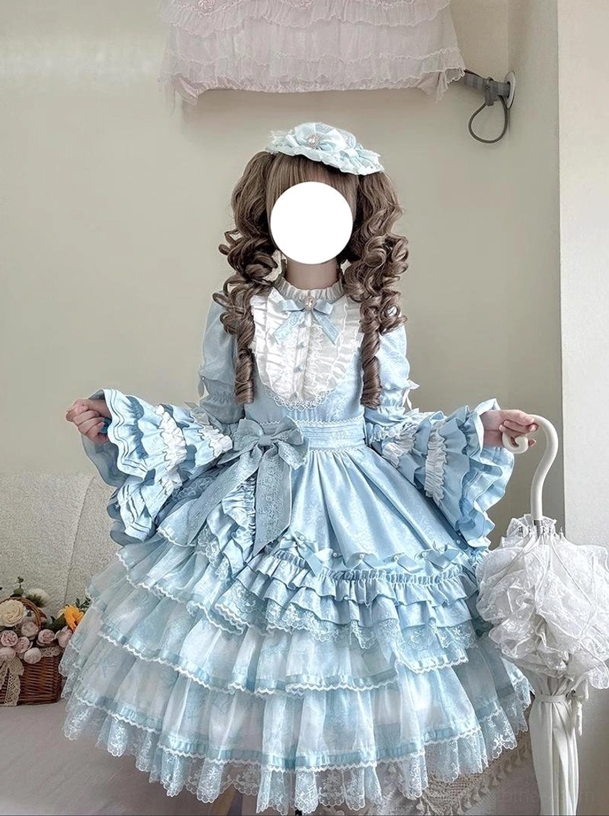 Sky blue sweet lolita OP dress front three-quarter view indoor bedroom scene curly twin hair lolita matching beret holding lace parasol big waist bow decoration multi-layered ruffled lace skirt