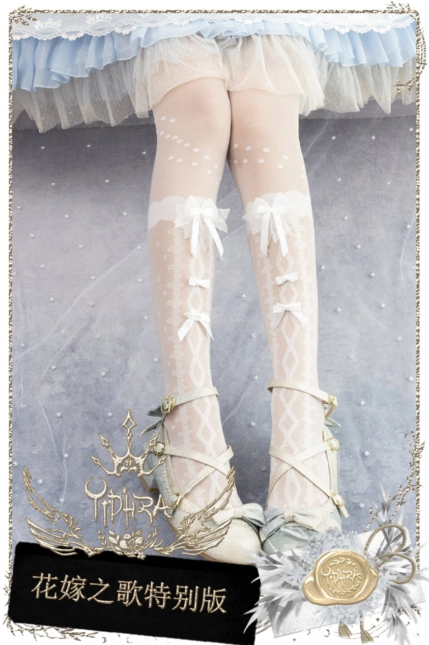 Special edition flower's wedding dress white lolita stockings polka dot upper section bow decorations rhombus sheer lace pattern light blue skirt
