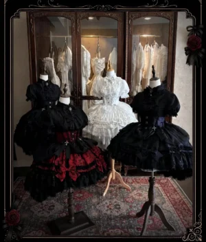Spider Cross Knot gothic lolita skirt set collection display showing black-red and white high-low hem designs with fishbone corset waist details