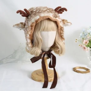 Direct frontal view of spotted deer antler fleece lolita lei feng hat styled on mannequin with blonde wig on wooden display stand, paired with flower bouquet and golden ring, showing brown hood lining and dark bow tie