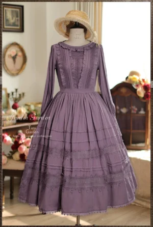 Spring Whispers elegant lolita OP dress dusty purple long sleeve front view on mannequin with vintage floral studio backdrop