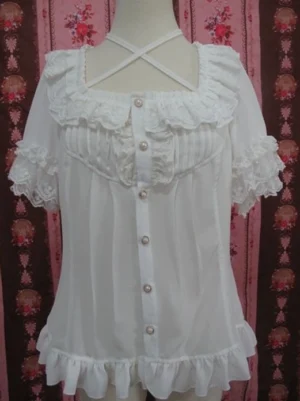 Square collar chiffon lolita blouse front full view with crossover halter straps lace ruffled collar and pearl button closure on vintage display