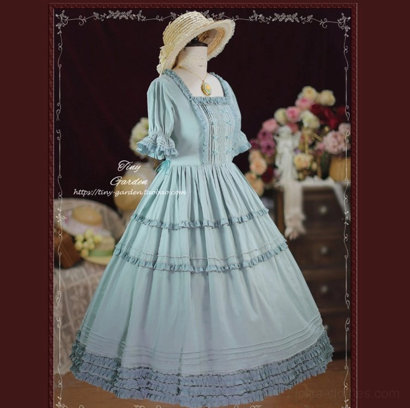 Close-up detail of ruffle cuff half-flared sleeve and pin tuck bodice construction on square collar vintage lolita OP dress