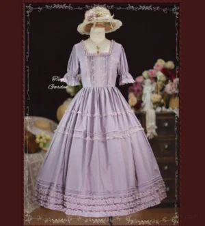 Front full-body view of light purple square collar pin tucks vintage lolita OP dress on display mannequin with flower background decoration