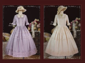 Side-by-side comparison of light purple and cream ivory square collar pin tucks lolita OP dresses on mannequins showing silhouette and ruffle details