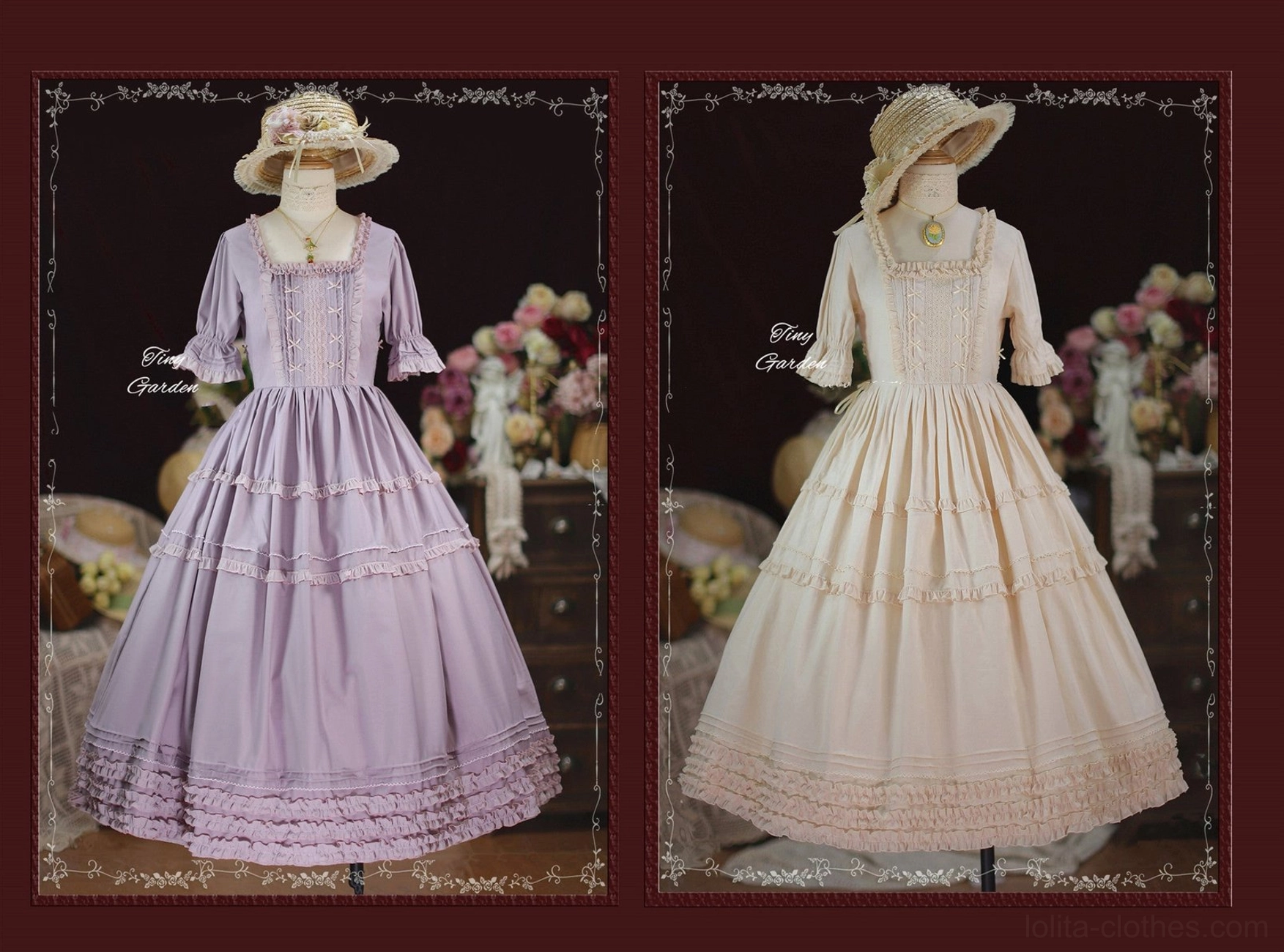 Side-by-side comparison of light purple and cream ivory square collar pin tucks lolita OP dresses on mannequins showing silhouette and ruffle details