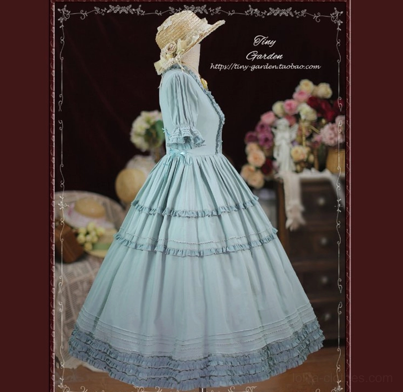 Tiered ruffle skirt hem detail with frilled hemline showing the layered construction and volume of square collar lolita OP dress