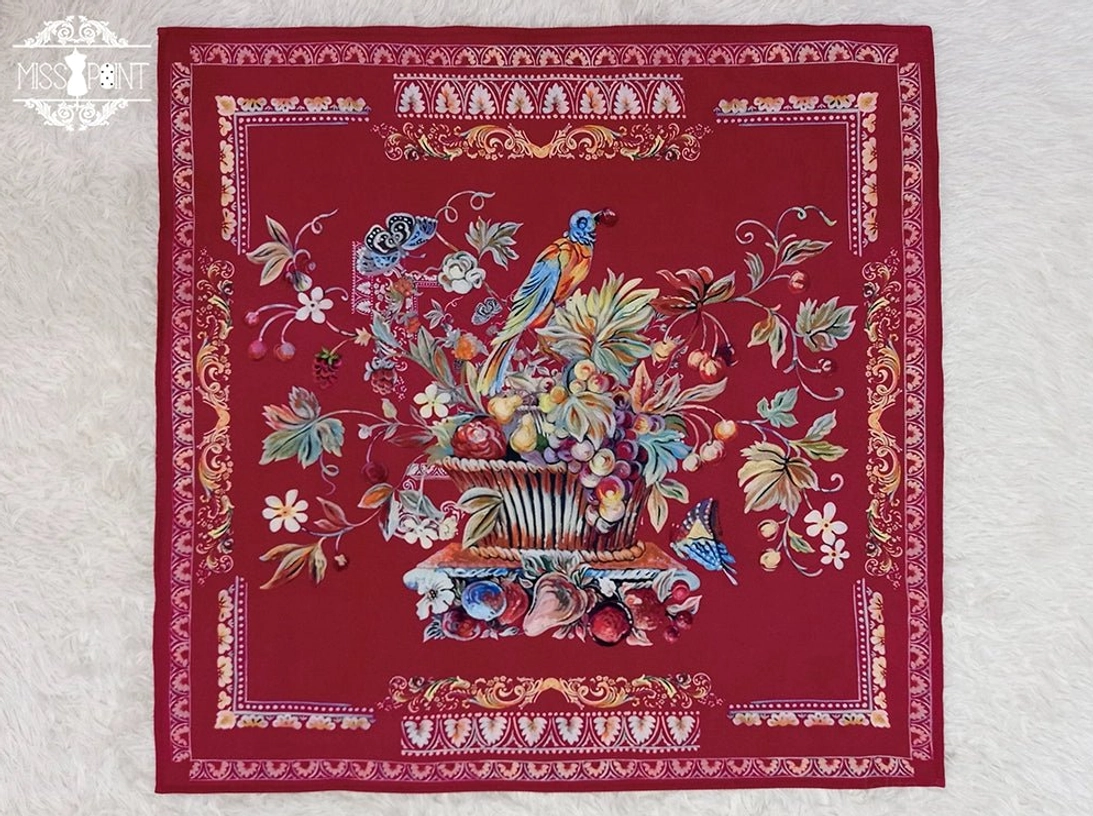 Square vintage printed lolita scarf handkerchief crimson base bird floral basket embroidery ornate border