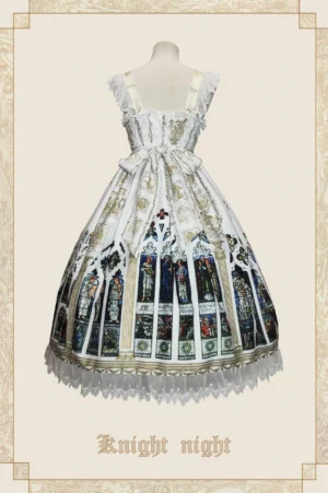 Classic lolita jumper dress back view with large bow and shirred back design stained glass cathedral print white gold colorway
