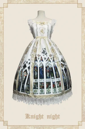 Stained glass cathedral classic lolita JSK jumper dress white gold colorway front view full body mannequin display elegant ecclesiastical print