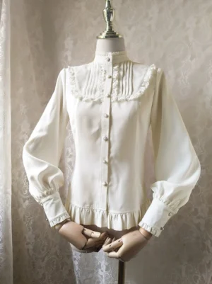 Stand collar classic lolita blouse ivory cream white full front view dress form lace trim pleated yoke ruffled hem lantern sleeves