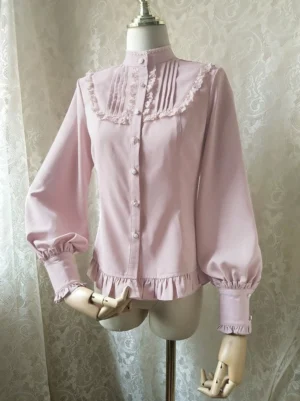 Stand collar classic lolita blouse pastel light pink front full body display dress form vintage ruffled hem pleated yoke