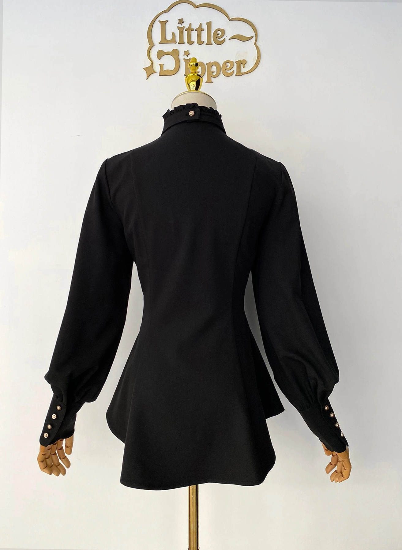 Stand collar Lolita blouse sleeve cuff detail showing scalloped edge metal button finishing professional tailoring