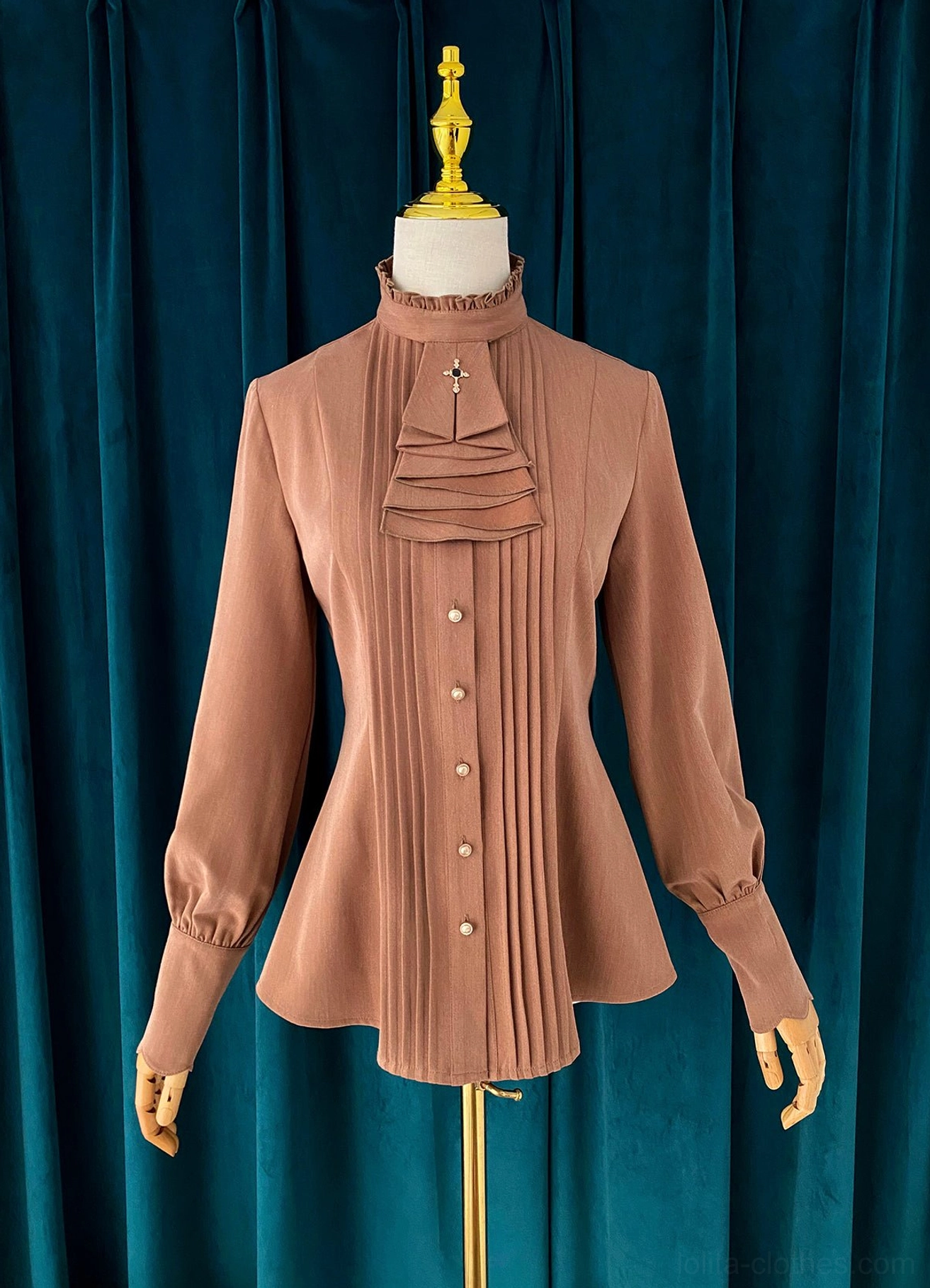 Stand collar mutton sleeve Lolita blouse collar detail structured design front view vertical pleats professional tailoring